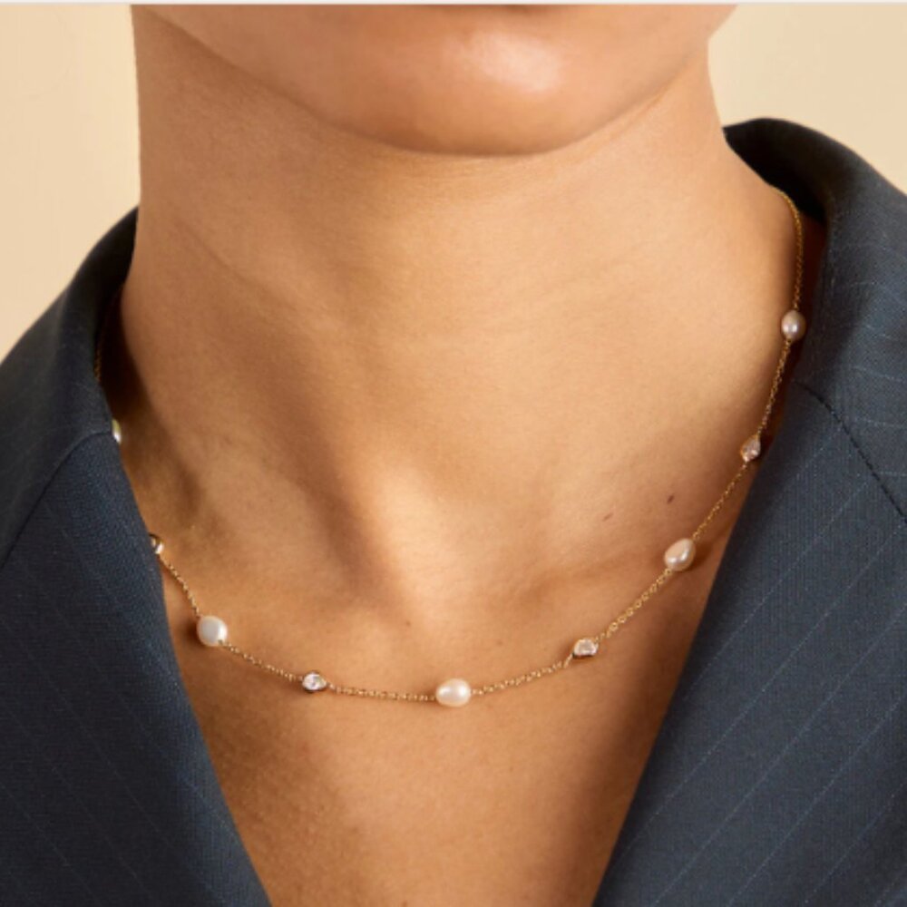 Astrid and Miyu Pearl & Crystal Charm Necklace in Gold